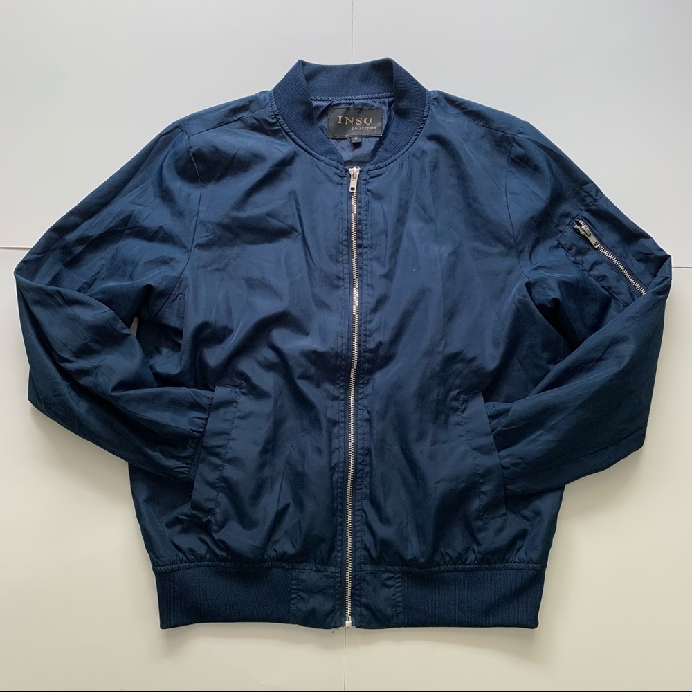Navy Blue Bomber Zip Up Jacket with Pockets